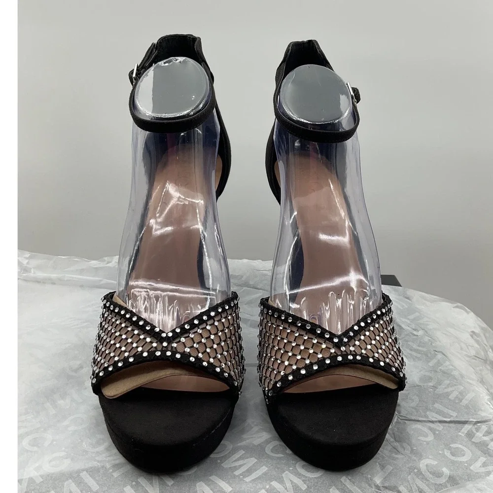 INC International Concepts Women Black Rhinestone Mesh Platform Block Heels